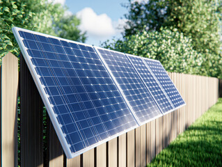A solar panel is mounted on a wooden fence