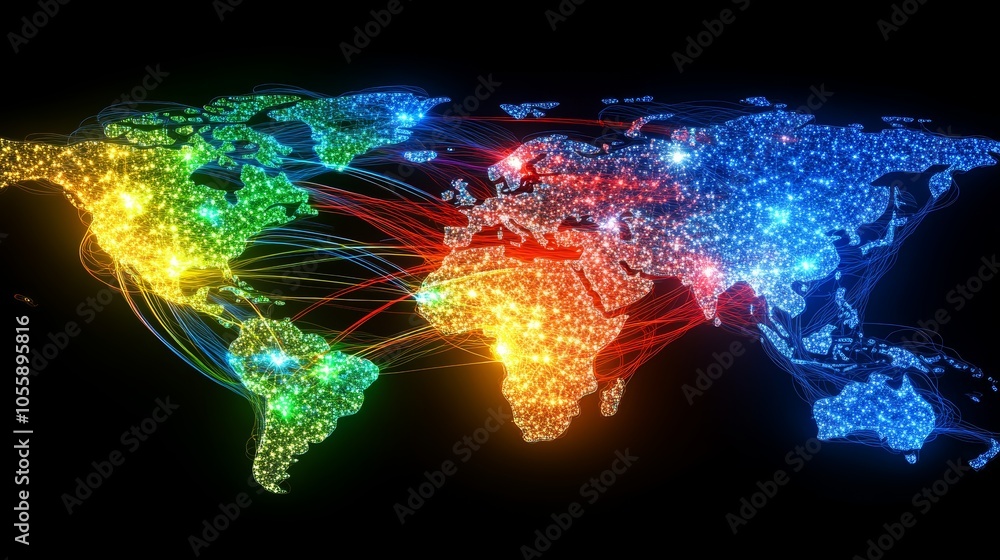 Poster colorful world map visualization, interconnected networks and global data flow illustrated with vibr