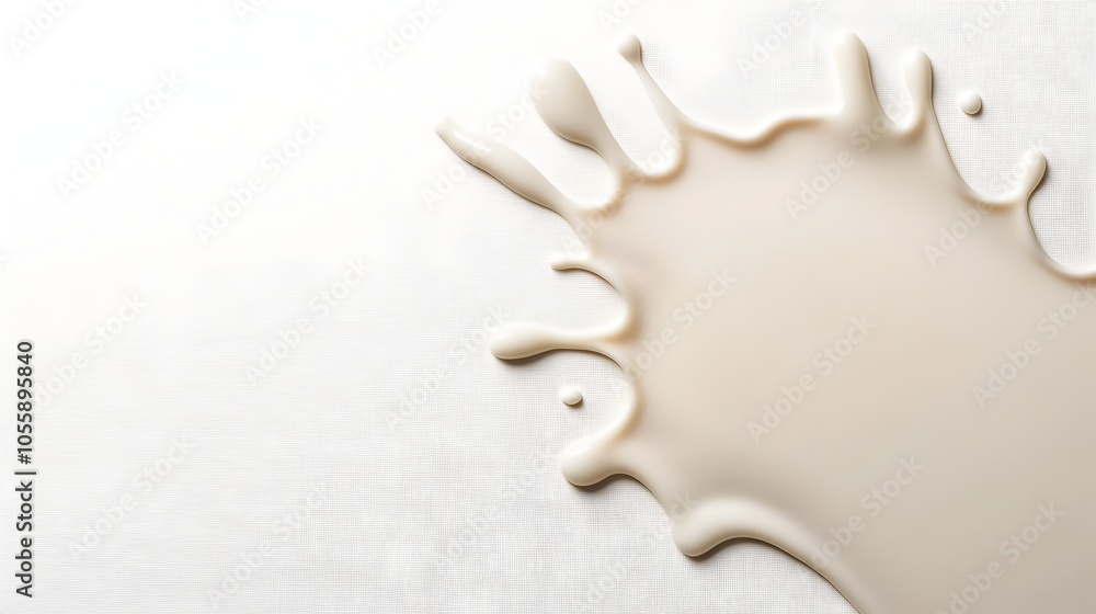 Poster elegant creamy milk puddle splash captured from high overhead angle against pristine white backdrop 
