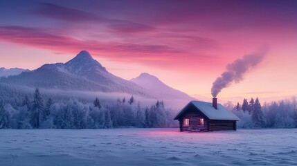 Frosty landscape with a distant view of a cozy cabin and smoke rising from its chimney, cold winter tranquility