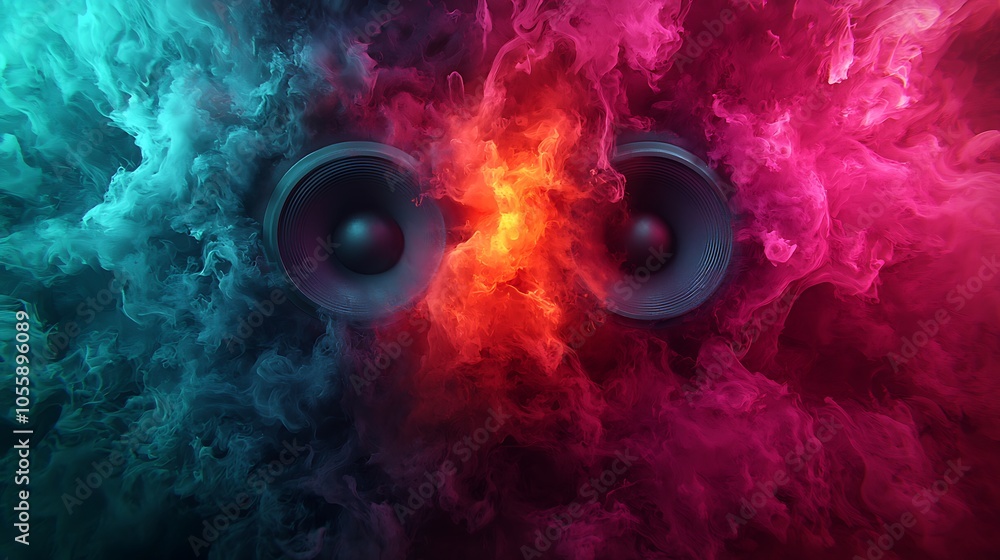 Poster colorful sound patterns from pulsating speakers