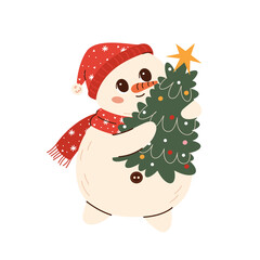 Cute snowman illustration in children's style on New Year's theme. Snowman in a hat and scarf carrying Christmas tree.  Flat vector illustration isolated on white background