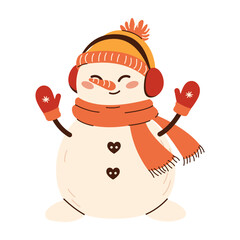 Cute snowman illustration in children's style on New Year's theme. Snowman in a hat, mittens and headphones.  Flat vector illustration isolated on white background