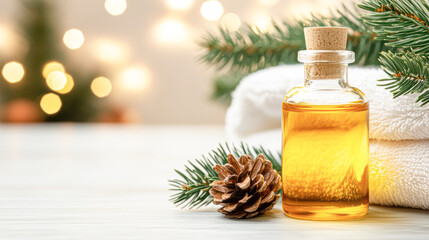 A bottle of oil is on a table next to pine needles