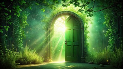 mystical doorway bathed in enchanting green light Close-Up