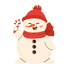 Cute snowman illustration in children's style on New Year's theme. Snowman in a hat and scarf with candy cane.  Flat vector illustration isolated on white background