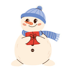 Cute snowman illustration in children's style on New Year's theme. Snowman in a hat and scarf carrying present and smiling.  Flat vector illustration isolated on white background