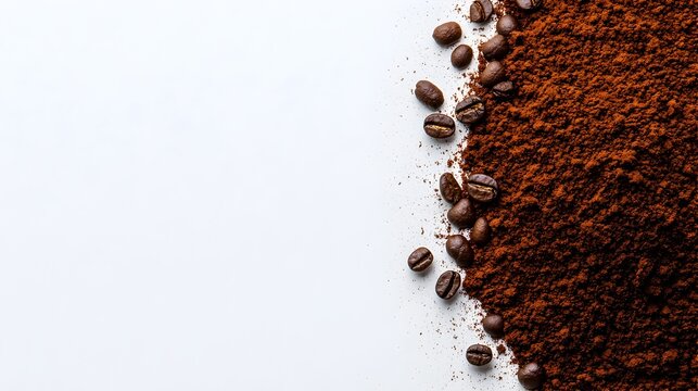 composition of coffee grounds on a transparent backdrop showcasing the intricate details and rich color of the coffee powder in a wide view  This creative design could be used for advertising