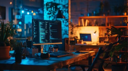 Home office workspace with computer screen displaying code