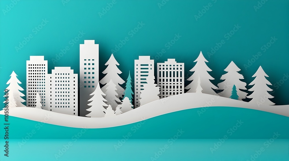 Poster Papercut Style 3D Cityscape with Layered Buildings and Trees to Create a Sense of Depth and Dimensional Design  Abstract Paper Craft Art