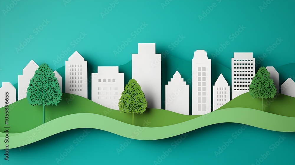 Aufkleber layered paper cut style 3d cityscape featuring a modern urban landscape with buildings trees and oth