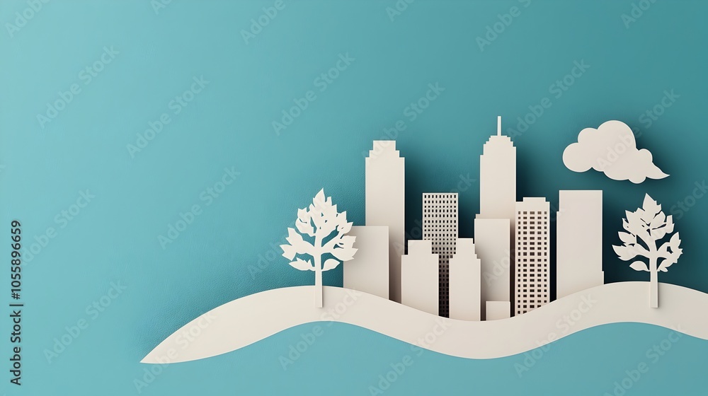 Poster papercut style 3d cityscape with layered buildings and trees creating a sense of depth and dimension