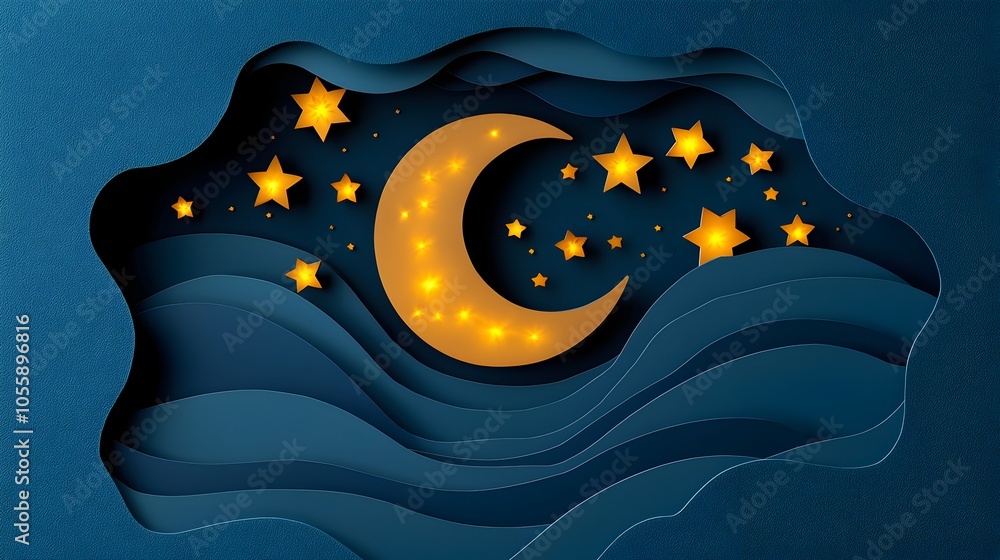 Aufkleber 3d layered paper cut moon and stars scene with glowing ethereal effects creating a serene and magica