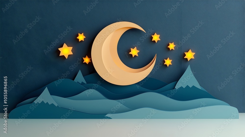 Poster 3d paper cut moon and stars layered with glowing effects to create a mesmerizing night sky scene thi