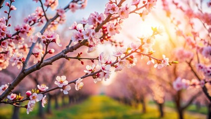 natural background of spring flowering apricot tree with reflection in water