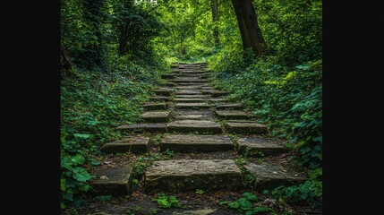 A forgotten stone road in the middle of an overgrown forest, with ancient, crumbling stones barely visible beneath the undergrowth