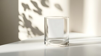 Clear glass mockup with a blank label, standing on a white tabletop with soft shadows for a minimalist look