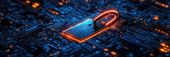 Digital Padlock Highlighting Cybersecurity in Futuristic Network Circuit