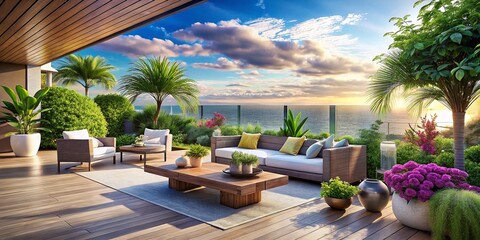 Fototapeta premium Modern Outdoor Terrace with Potted Plant and Ocean View for Luxurious Serenity