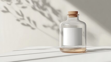 Clear glass mockup with a blank label, standing on a white tabletop with soft shadows for a minimalist look