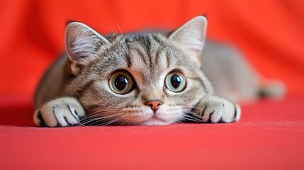 Cat lying down and looking up Sad isolated color background