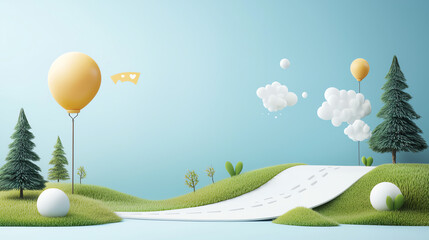 Roadmap with visionary checkpoint flags, clear goals, 3D illustration