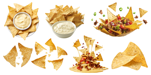 Tortilla corn nacho Chips, many angles and view side top front heap broken pile bowl salsa guacamole beef cheese dip on transparent background cutout, PNG file. Mockup template for artwork design