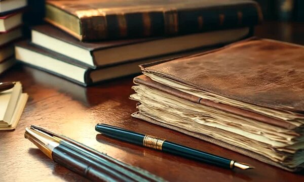 A stack of aged papers beside a fountain pen on a wooden desk, suggesting writing or documentation.