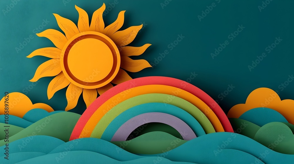Poster Vibrant 3D paper cut sun and rainbow scene with playful layers and bright colors creating a joyful and cheerful atmosphere
