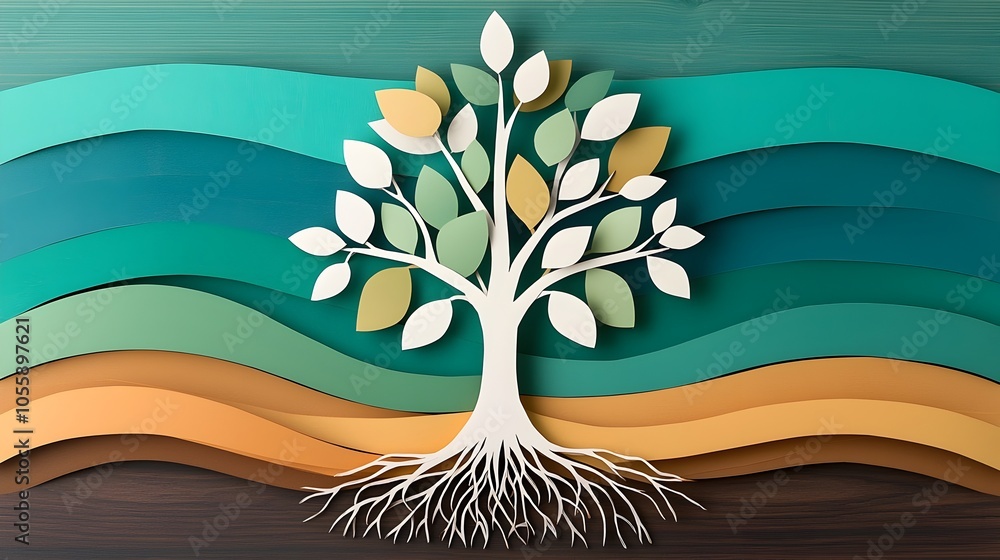 Leinwandbilder elegant and minimalist 3d paper cut tree with layered branches and roots symbolizing the concepts of