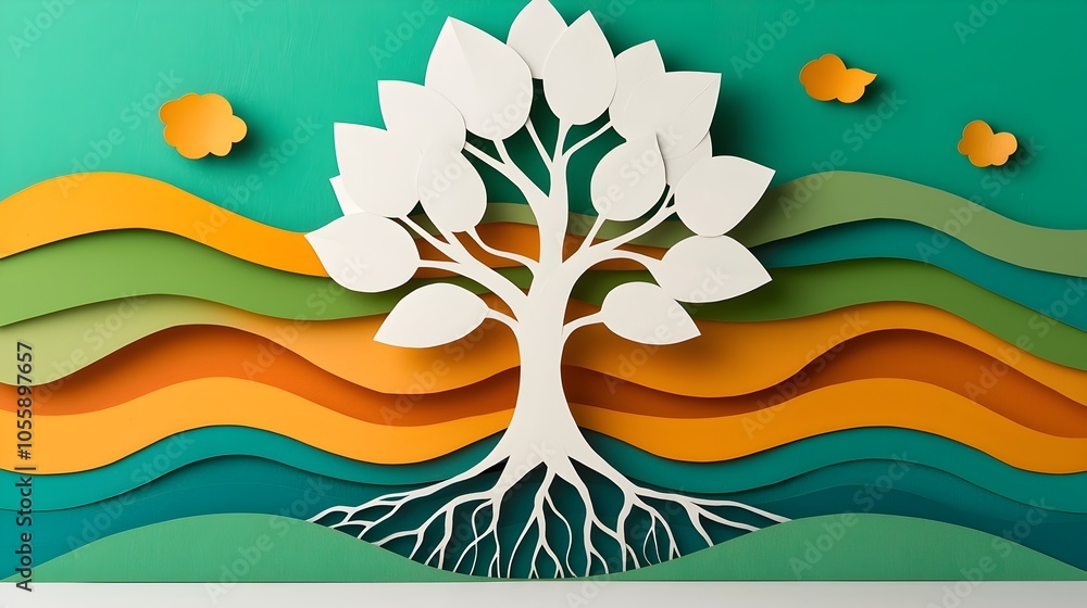 Aufkleber layered 3d paper cut tree with intricate roots and branches creating a visually striking and concept