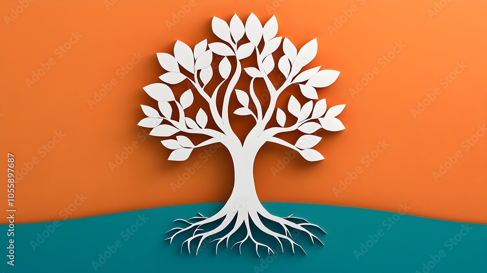 Poster layered 3d papercut tree sculpture with intricate roots and branches designed to symbolize the conce