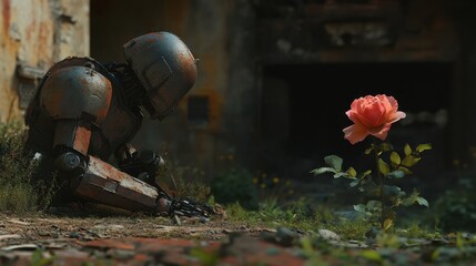 In a post-apocalyptic setting, a weathered robot gazes at a blooming rose, a symbol of beauty in a bleak world