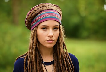 beautiful model girl in a beautiful stylish hat against a natural background