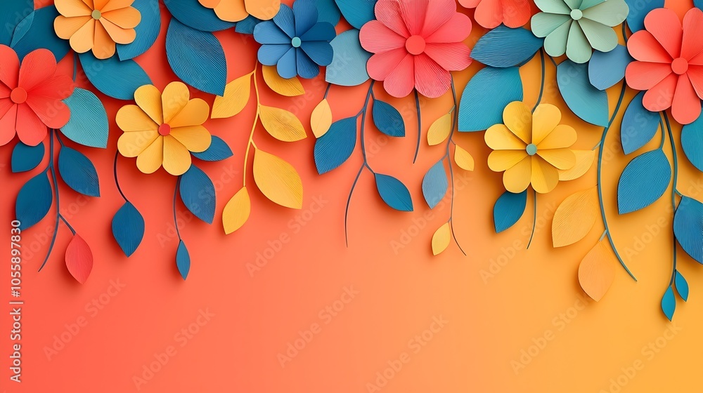 Poster Captivating abstract 3D paper cut floral pattern featuring vibrant petals and leaves layered in soft gradient hues creating a modern minimalist and visually striking design