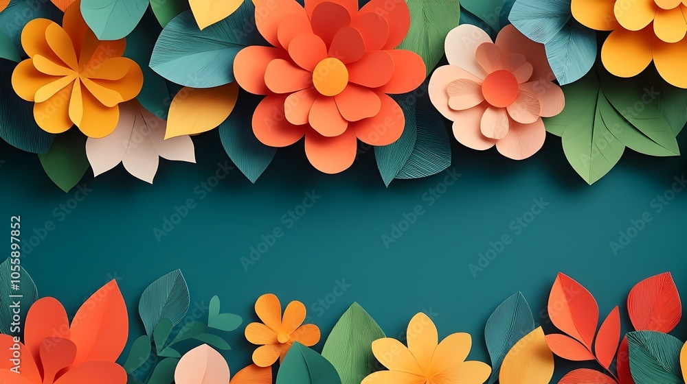 Poster Vibrant 3D Paper Cut Floral Pattern with Soft Gradient Layering   An abstract and contemporary design featuring layered petals and leaves in a captivating papercraft style with harmonious color