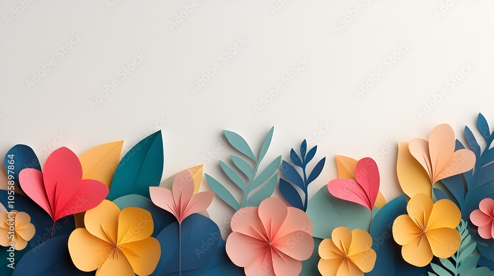 Poster Abstract 3D paper cut floral pattern with vibrant petals and leaves layered in soft gradients creating a visually striking and captivating digital art composition