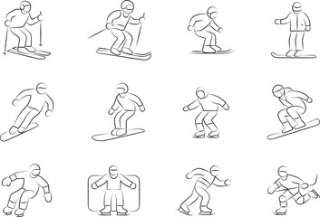 Winter sports icon vector illustration collection in a line outline style. Ski, winter sports and snow Handdrawn Doodle icons.