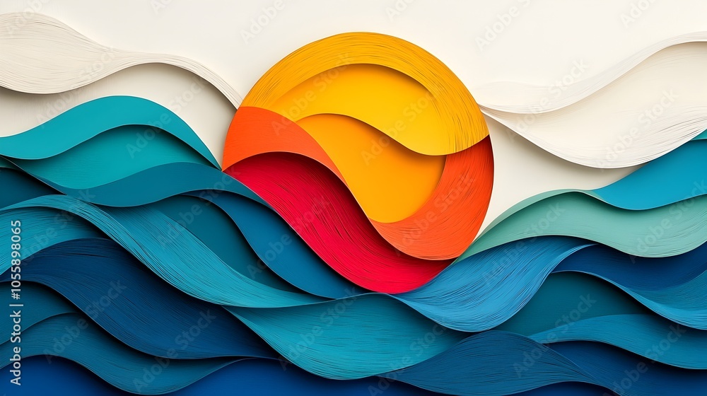 Poster Vibrant Geometric Papercut Waves in Circular Motion Representing Dynamic Energy and Rhythm  Abstract 3D Digital with Bold Colors and Fluid Shapes Creating a Sense of Harmony and Movement