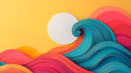 Mesmerizing 3D paper cut waves in a circular motion featuring bold and vibrant colors that convey a sense of energy movement and dynamic visual appeal