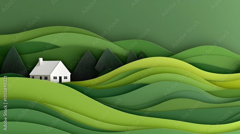 Poster Detailed 3D paper cut landscape featuring rolling green hills a quaint farmhouse and various layers creating depth and dimension in a rural picturesque scene