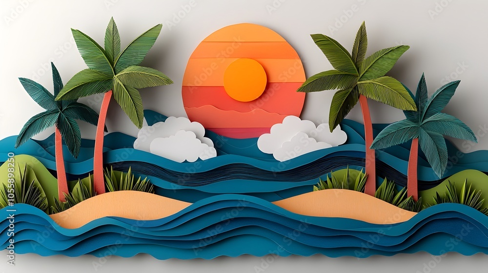 Poster Layered 3D paper cut tropical island scene with swaying palm trees crashing waves and a vibrant sunset creating a relaxing vacation vibe