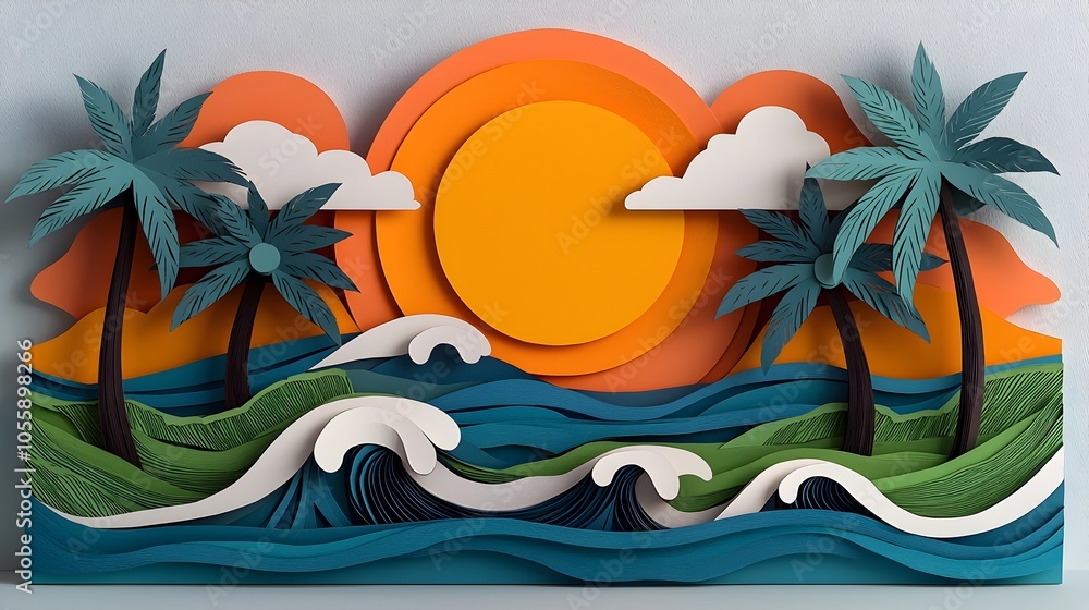 Aufkleber tranquil layered 3d paper cut tropical island with palm trees waves and a sunset creating a relaxing