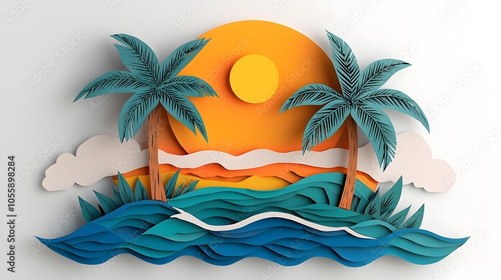 Poster Layered 3D paper cut artwork depicting a tropical island scene with palm trees crashing waves and a vibrant sunset creating a relaxing and serene vacation vibe