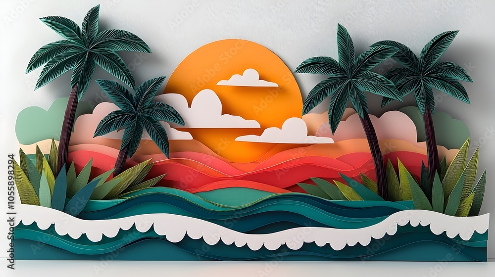 Poster layered 3d paper cut tropical island with palm trees waves and a sunset creating a relaxing vacation
