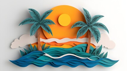 Layered 3D paper cut artwork depicting a tropical island scene with palm trees crashing waves and a vibrant sunset creating a relaxing and serene vacation vibe