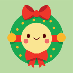 Adorable Christmas Wreath with Smiling Face, Red Bow, and Ornaments - Festive Holiday Cartoon Design
