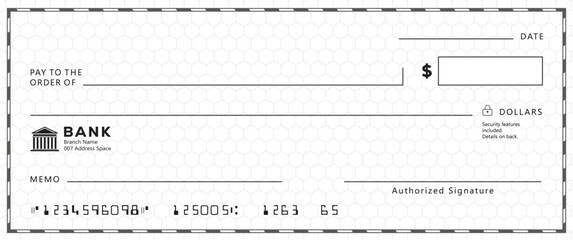 Bank check, vector blank money cheque, checkbook template with guilloche pattern and fields. Currency payment coupon, money check background