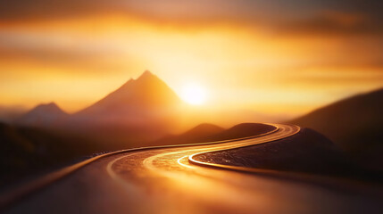 Roadmap winding toward mountain peak, success goals, 3D illustration