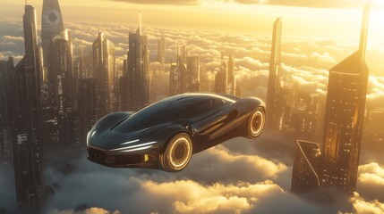 3D Smart car flying above clouds in a modern city, future conceot 3d illustration